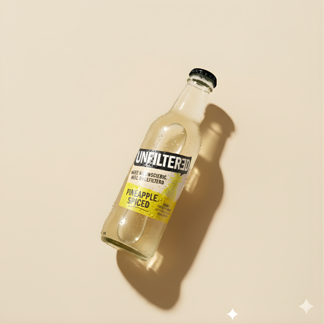 UNFILTERED Pineapple Spiced fles op een lichte beige achtergrond met schaduw