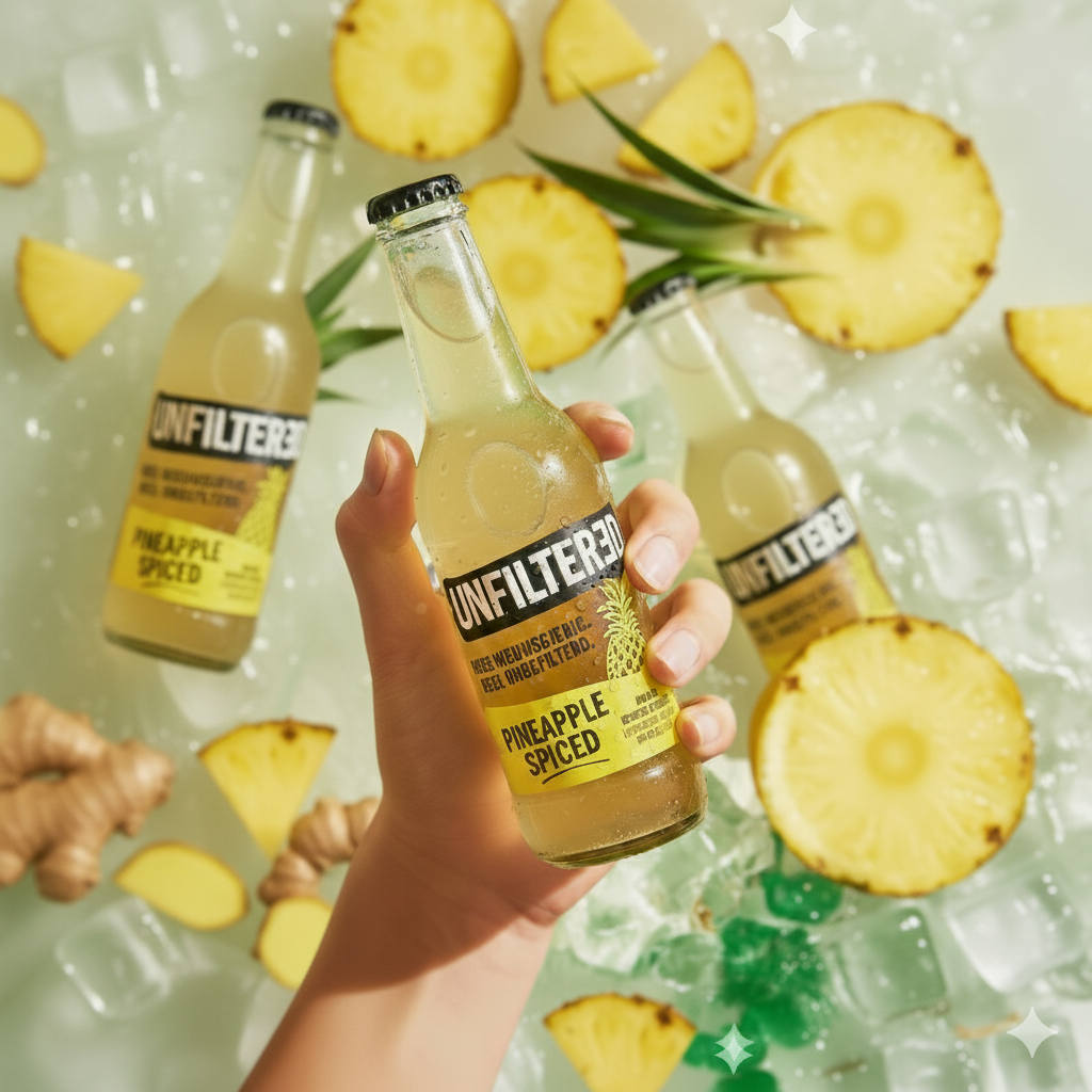 Hand houdt een UNFILTERED Pineapple Spiced fles vast tussen ananasplakjes en ijs.